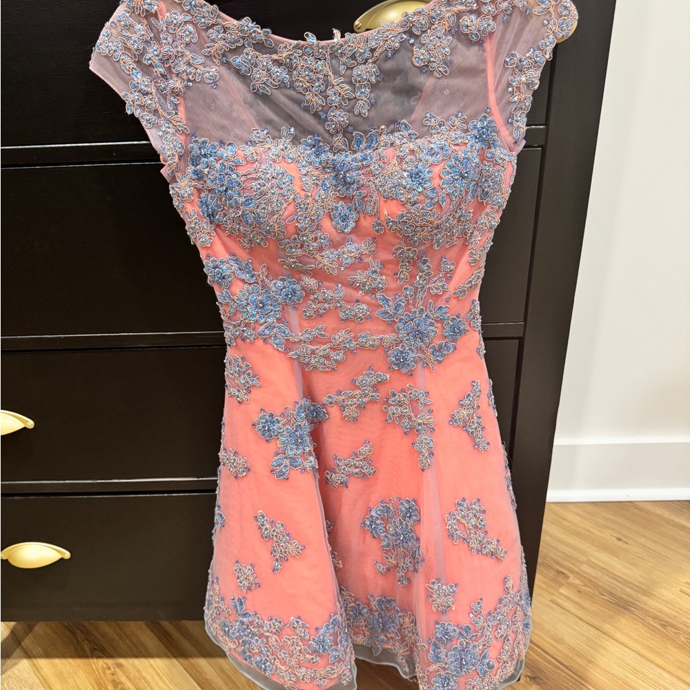Sherri Hill Coral Orange Dress with Blue Lace Detail